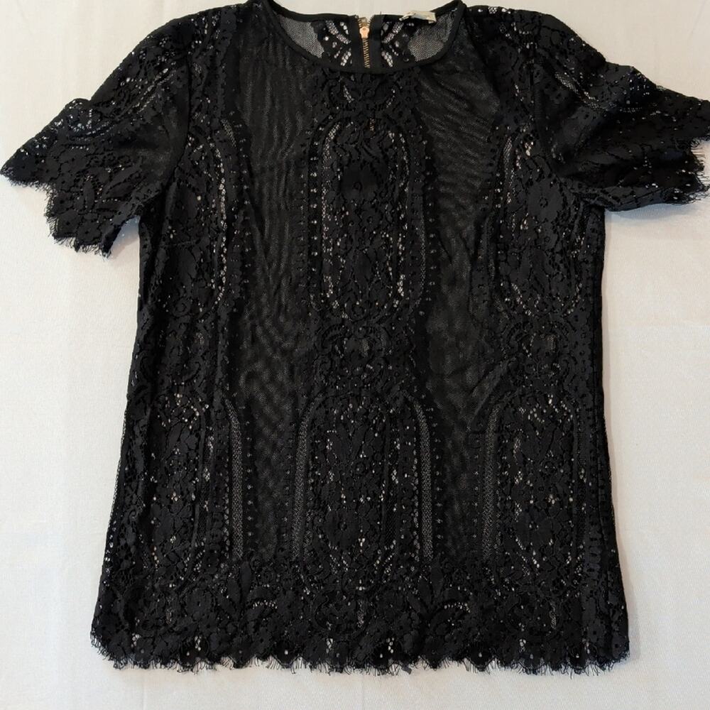 Black Sheer Lace Blouse Size S Romantic Gothic Gold Zip Dressy Elegant